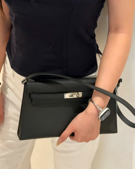 Kelly Elan 25 Underarm Baguette Bag, Genuine Top Layer Cowhide Goat Grain Leather, Silver Hardware Black Unisex Shoulder Purse, Multiway Crossbody Handheld Daily Bag, High Practical Daily Bag Size 25×6.5×15cm