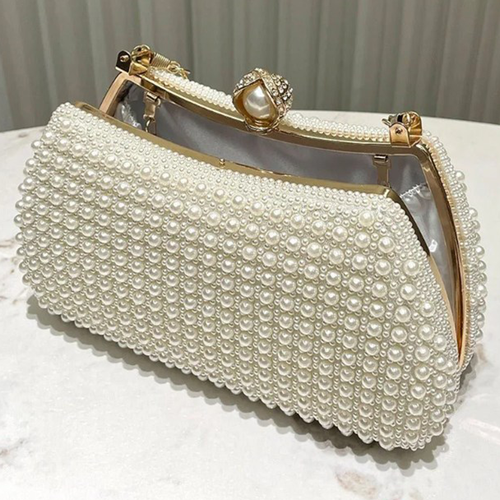 Cream White Uniform Bead Covered Framed Evening Vessel with Warm Metallic Curve Grip and Decorative Bead Clasp