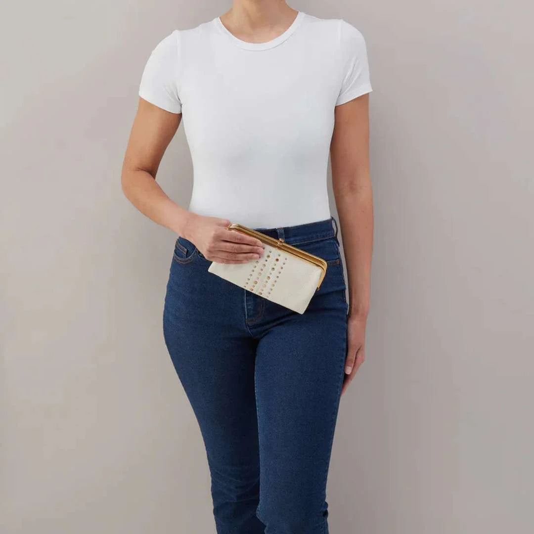Pale Cream Vertical Studded Elongated Frame Handheld Storage Pouch with Multi-Split Organized Inner Compartment Layout