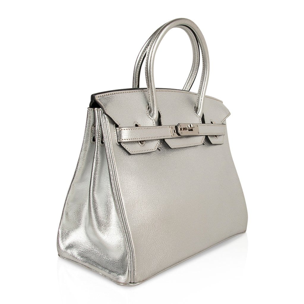 👜Limited Edition Birkin 30 Bag Silver Metallic Chevre Leather with Palladium Hardware