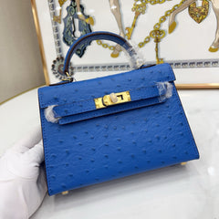 Mini Kelly II 19cm Sellier Bleu Electrique Ostrich Gold Hardware Luxury Crossbody Handbag