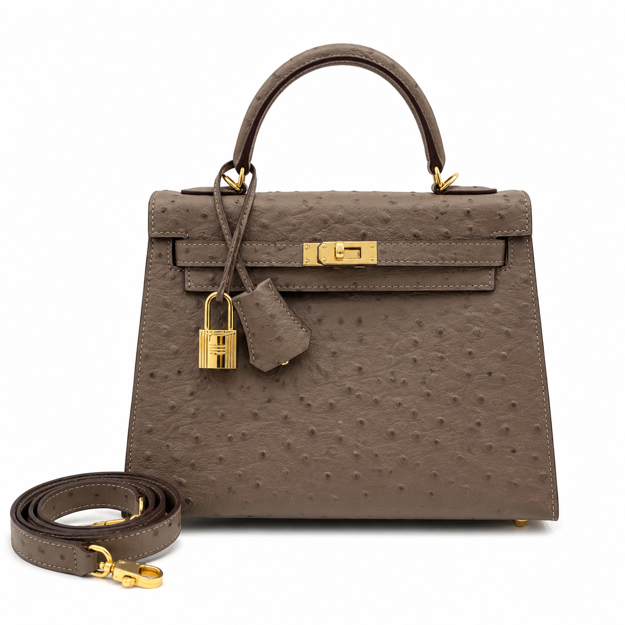 Hermès Kelly Sellier 25 Ostrich Etoupe Gold Hardware