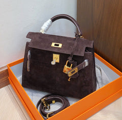 Mini Kelly Sellier 22cm Ebene Suede Leather Gold Hardware Women Mini Handbag