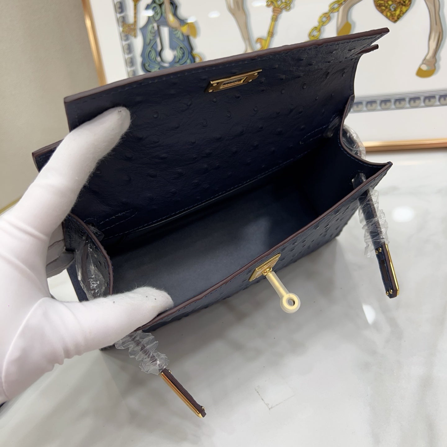 Mini Kelly Sellier 22cm Bleu Nuit Ostrich Leather Gold Hardware Women Mini Handbag