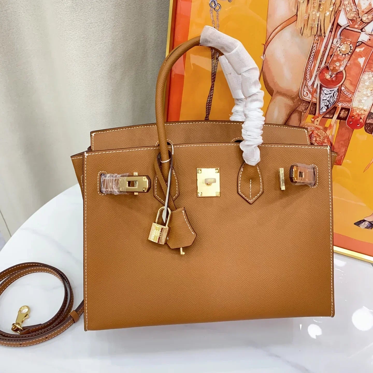 👜Birkin Sellier 25 Gold Epsom Leather Rolled Handles Gold Hardware Handbag