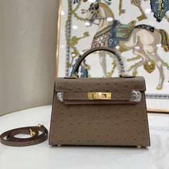Mini Kelly II 19cm Sellier Etoupe Ostrich Gold Hardware Designer Mini Shoulder Purse