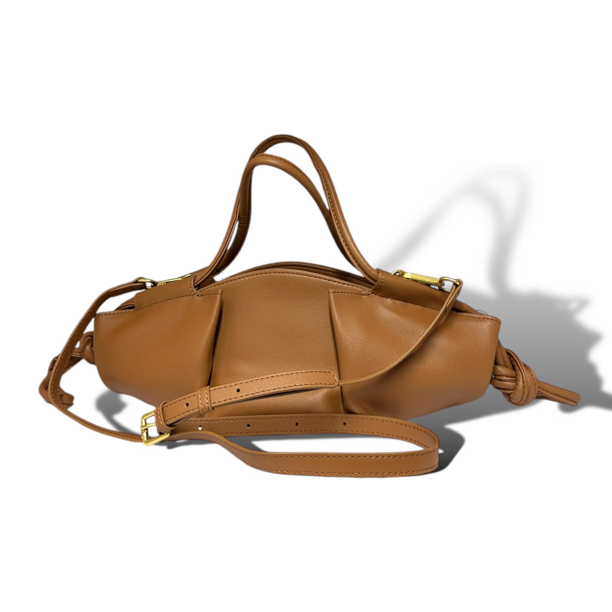 Warm Tan Gathered End Elongated Mini Carry Sack Curved Handbag Loops and Separate Torso Rest Band Fixtures