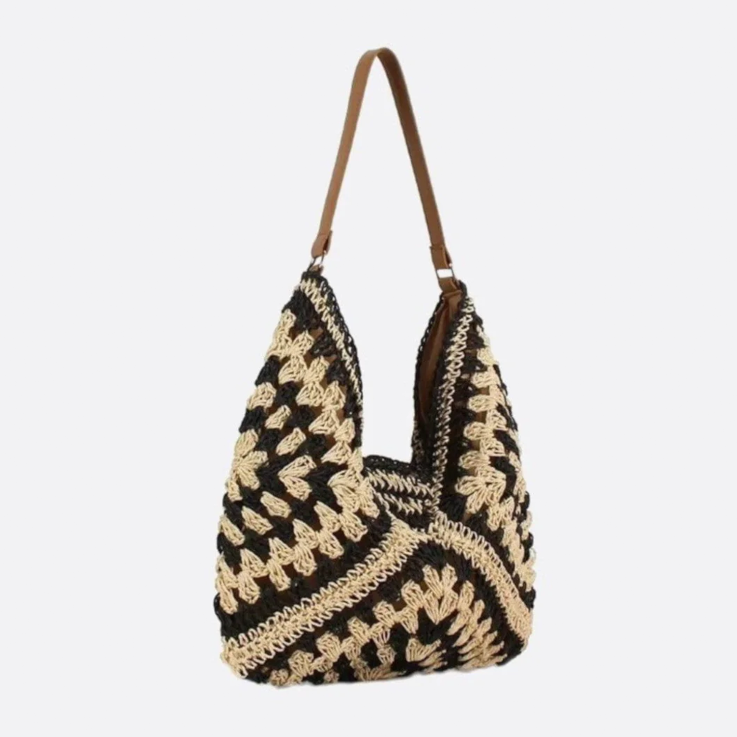 Cream And Dark Geometric Open-Weave Sloped Shoulder Tote with Solid Warm Lined Interior and Single Smooth Carry Band Handbag