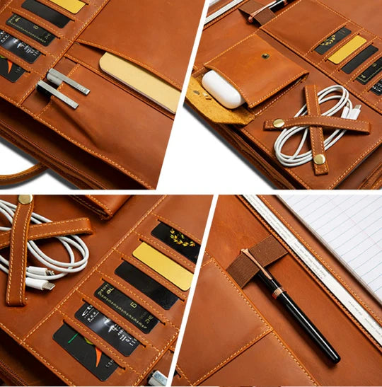 Warm Amber Multi-Compartment Zipped Document Carry Case With Outer Curved Gripping Loops And Multi-Zoned Inner Accessory Storage Layout Portfolio