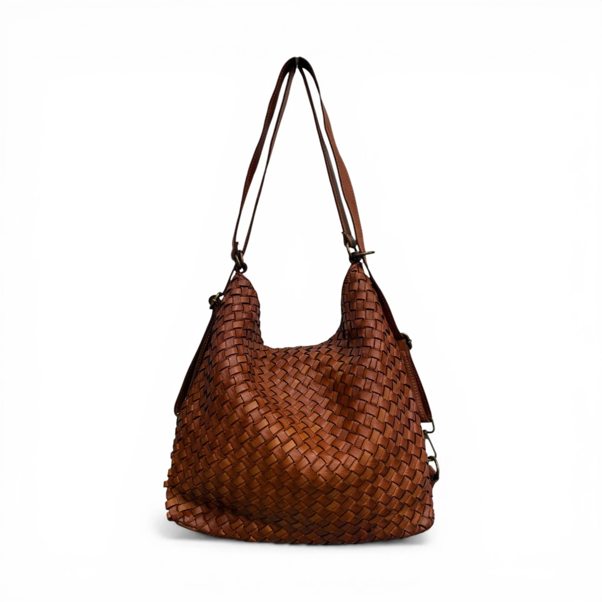 Multi-Tone Interchangeable Carry Slouch Sack With Grid Weave Surface Option And Reconfigurable Antique Metallic Fastened Straps Backpack