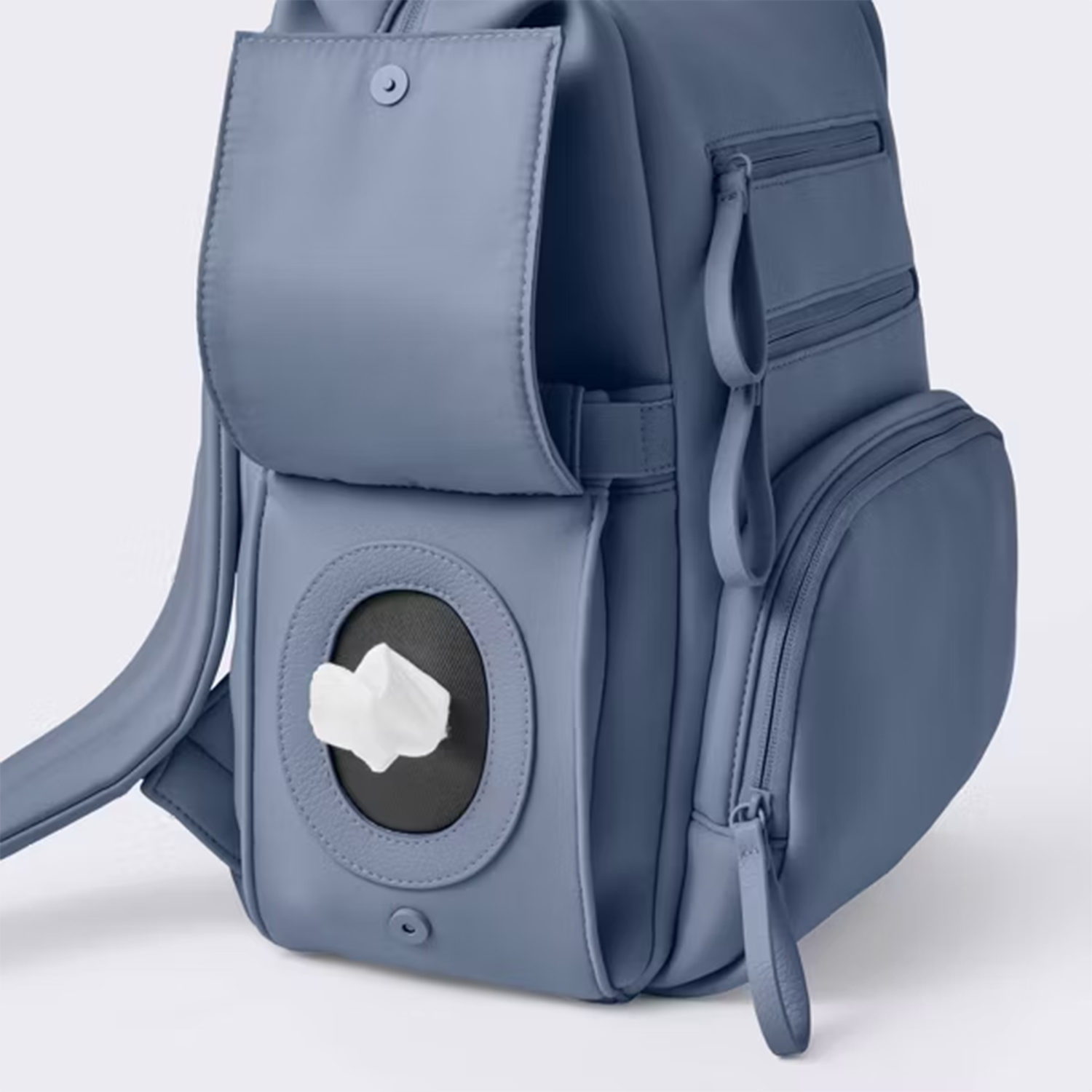 Pale Slate Blue Boxy Multi-Compartment Backpack Vessel With Permeable Panel Access Flap and Luggage Slip Channel Feature
