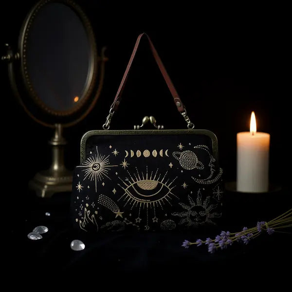 Deep Black Celestial Motif Framed Kiss Lock Carry Pouch Vintage Metallic Trim Dual Carry Hardware Options
