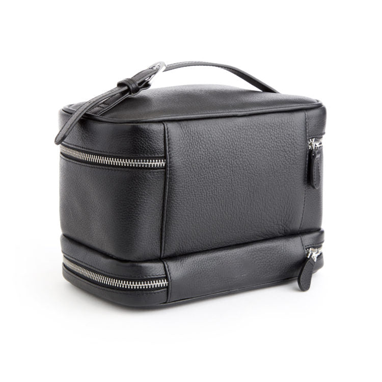 Deep Black Segmented Layered Rectangular Grooming Storage Casket With Top Looping Grip Fixture And Full-Width Metallic Zipper Divisions Train Case
