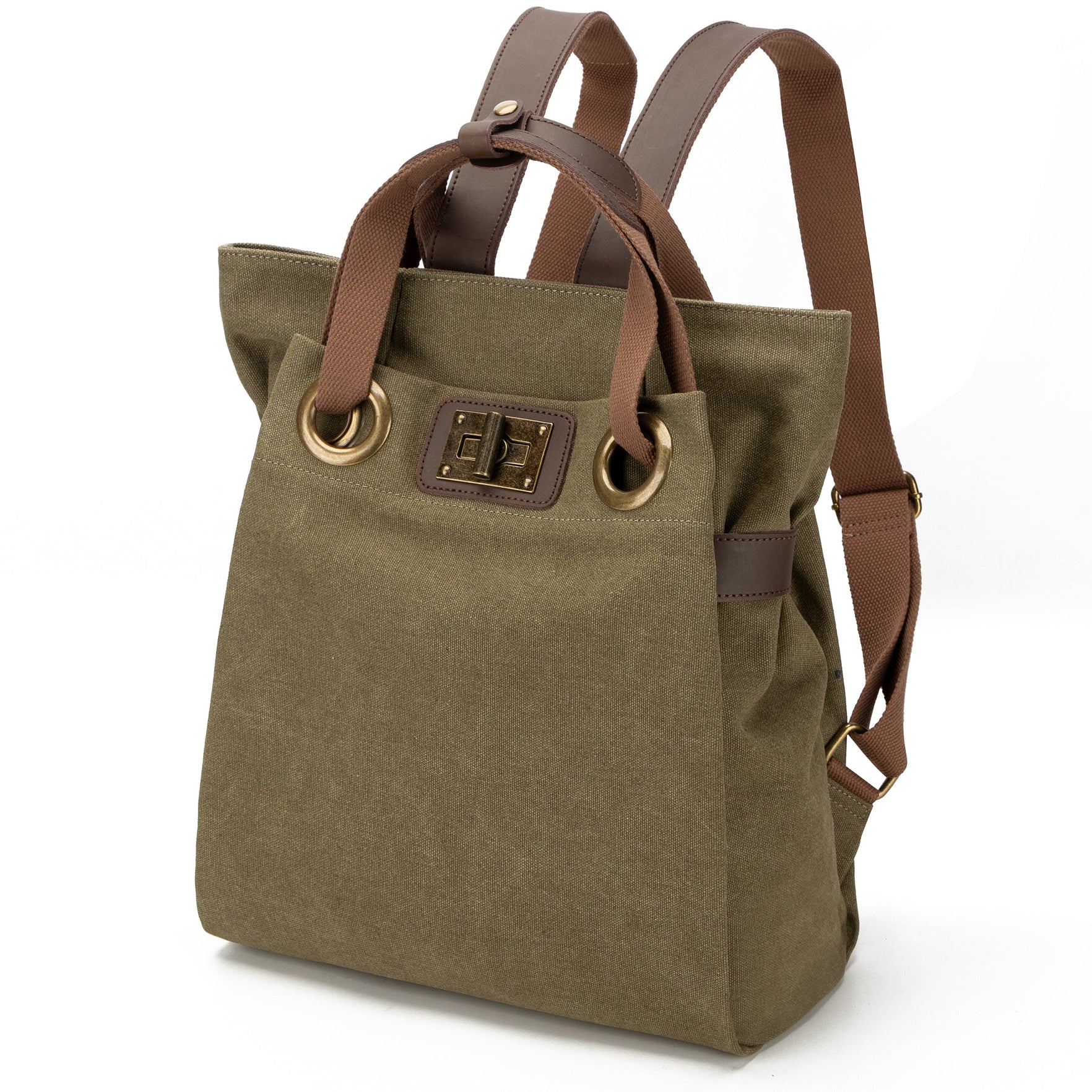 Olive/Washed Blue Dual-Mode Rectangular Canvas Carry Vessel with Antiqued Metallic Grommet Twist Lock and Convertible Hand & Back Carry Fixtures Backpack
