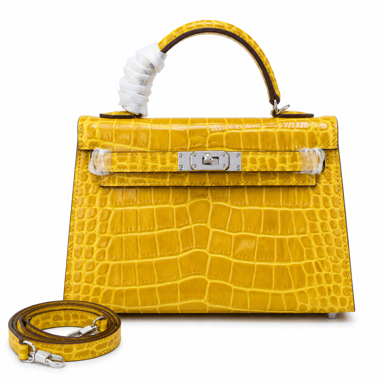 Kelly Sellier 19cm Jaune Ambre Shiny Crocodile Leather Gold Hardware & Palladium Hardware Women Handbag