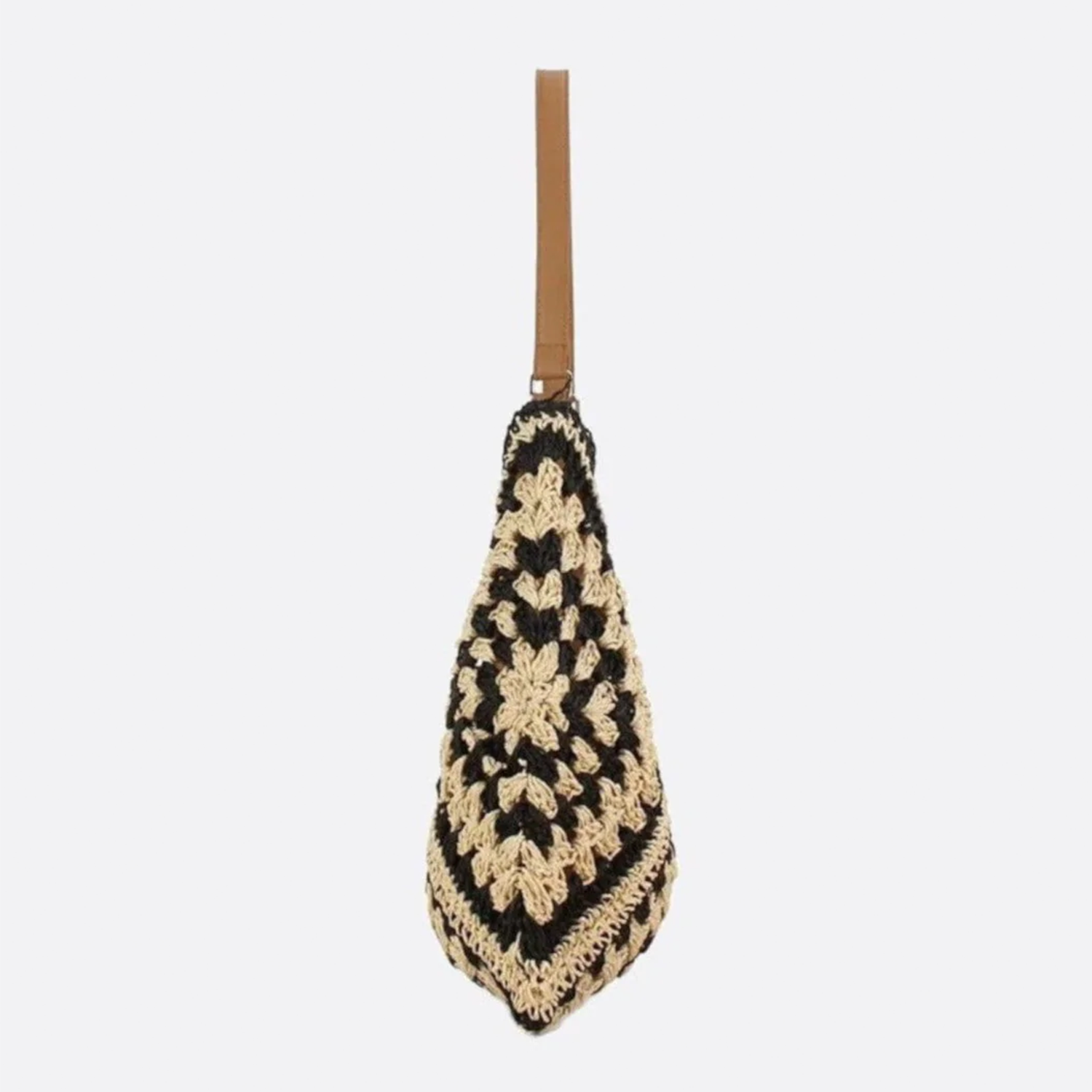 Cream And Dark Geometric Open-Weave Sloped Shoulder Tote with Solid Warm Lined Interior and Single Smooth Carry Band Handbag