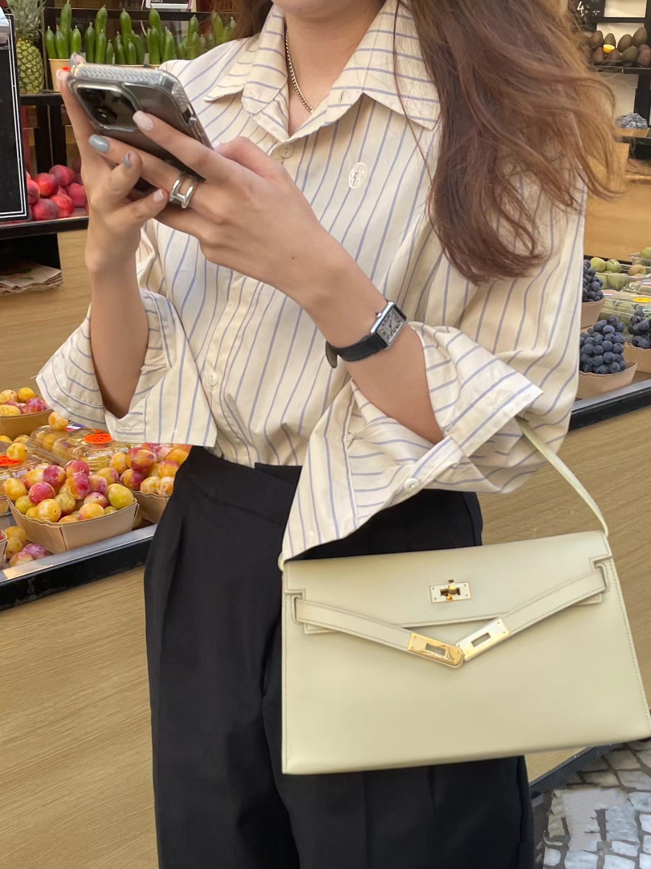 Kelly Elan 25 Underarm Baguette Bag, Genuine Top Layer Cowhide with Goat Grain, Gold Hardware Minimalist Off White Shoulder Handbag, Size 25×6.5×15cm Elegant Soft Tone Daily Purse for Women