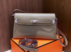 Kelly Elan 25 Underarm Baguette Bag, Genuine Top Layer Cowhide Goat Grain Leather, Silver Hardware Khaki Shoulder Handbag, Timeless Neutral Must-have Bag Elegant Versatile Daily Purse Size 25×6.5×15cm