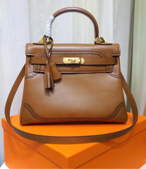 Kelly Sellier Ghillies 28cm Natural Sable Barenia Leather Gold Hardware Women Handbag