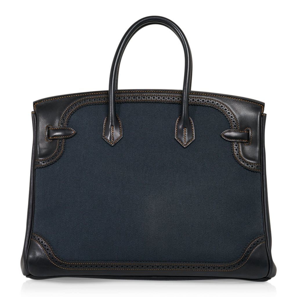 👜Birkin 35 Ghillies Denim Fonce Toile / Black Evercalf Bag Limited Edition