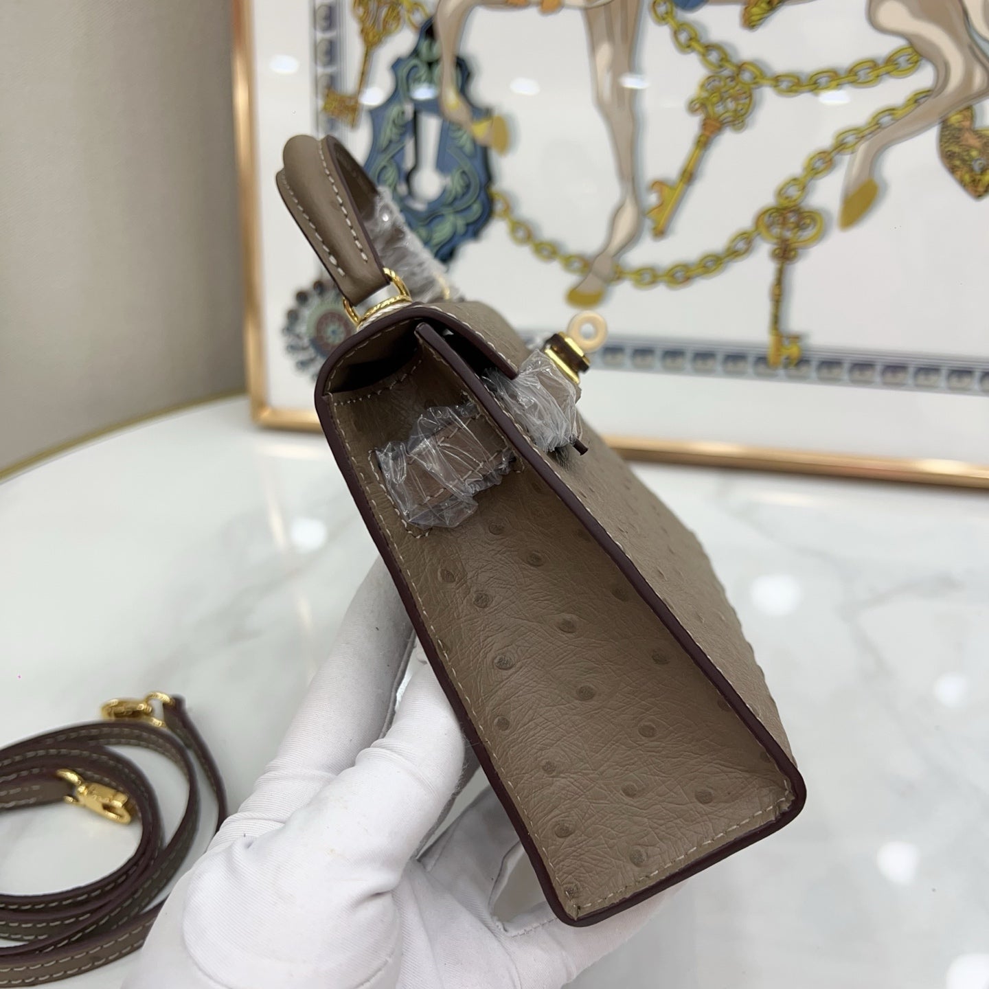 Mini Kelly II 19cm Sellier Etoupe Ostrich Gold Hardware Designer Mini Shoulder Purse