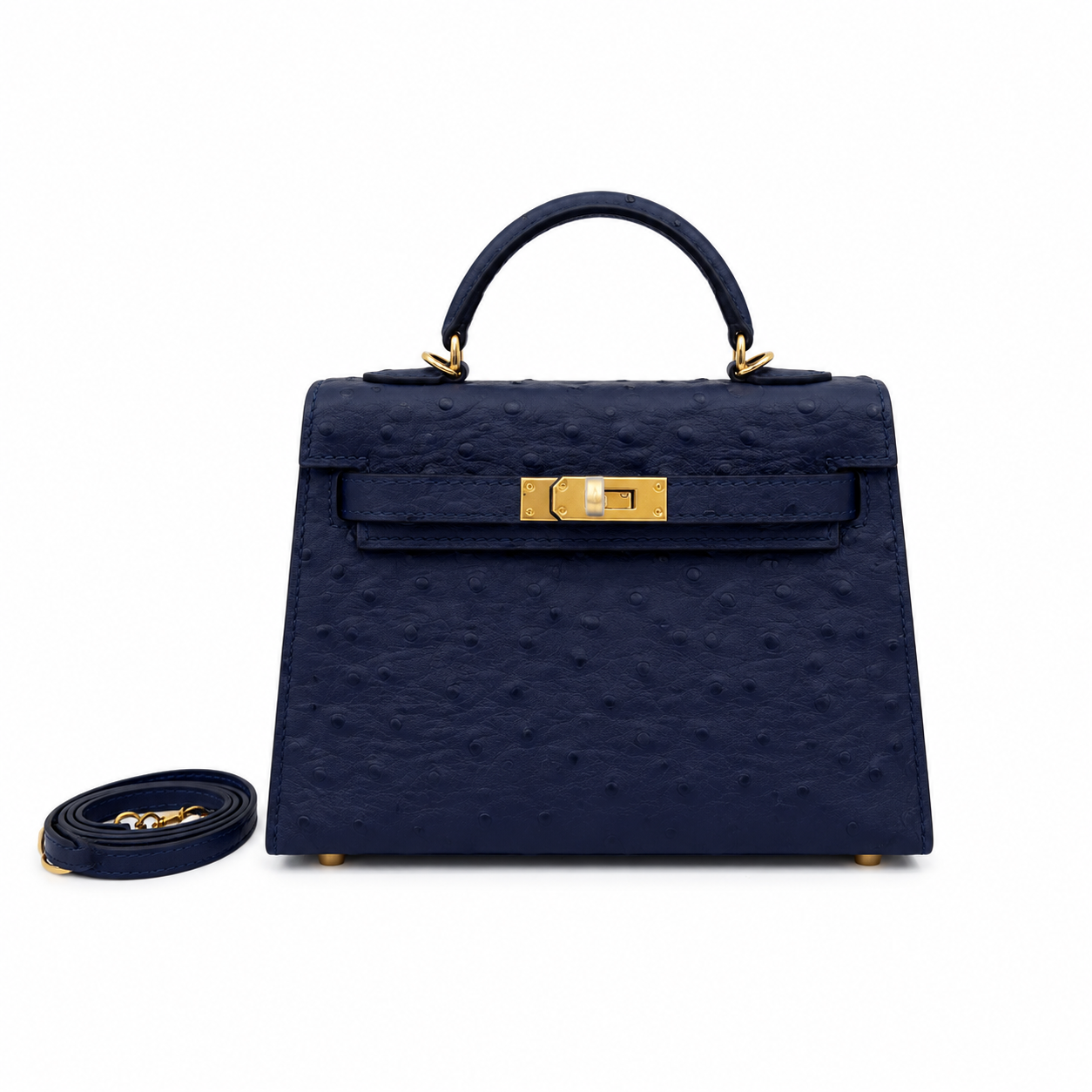 Mini Kelly Sellier 19cm Bleu Nuit Ostrich Leather Gold Hardware Women Mini Handbag