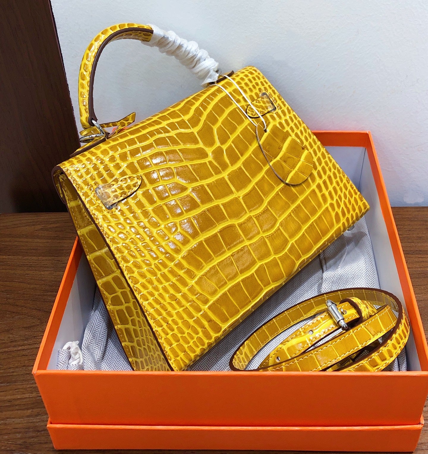 Kelly Sellier 22cm Jaune Ambre Shiny Crocodile Leather Gold Hardware & Palladium Hardware Women Handbag