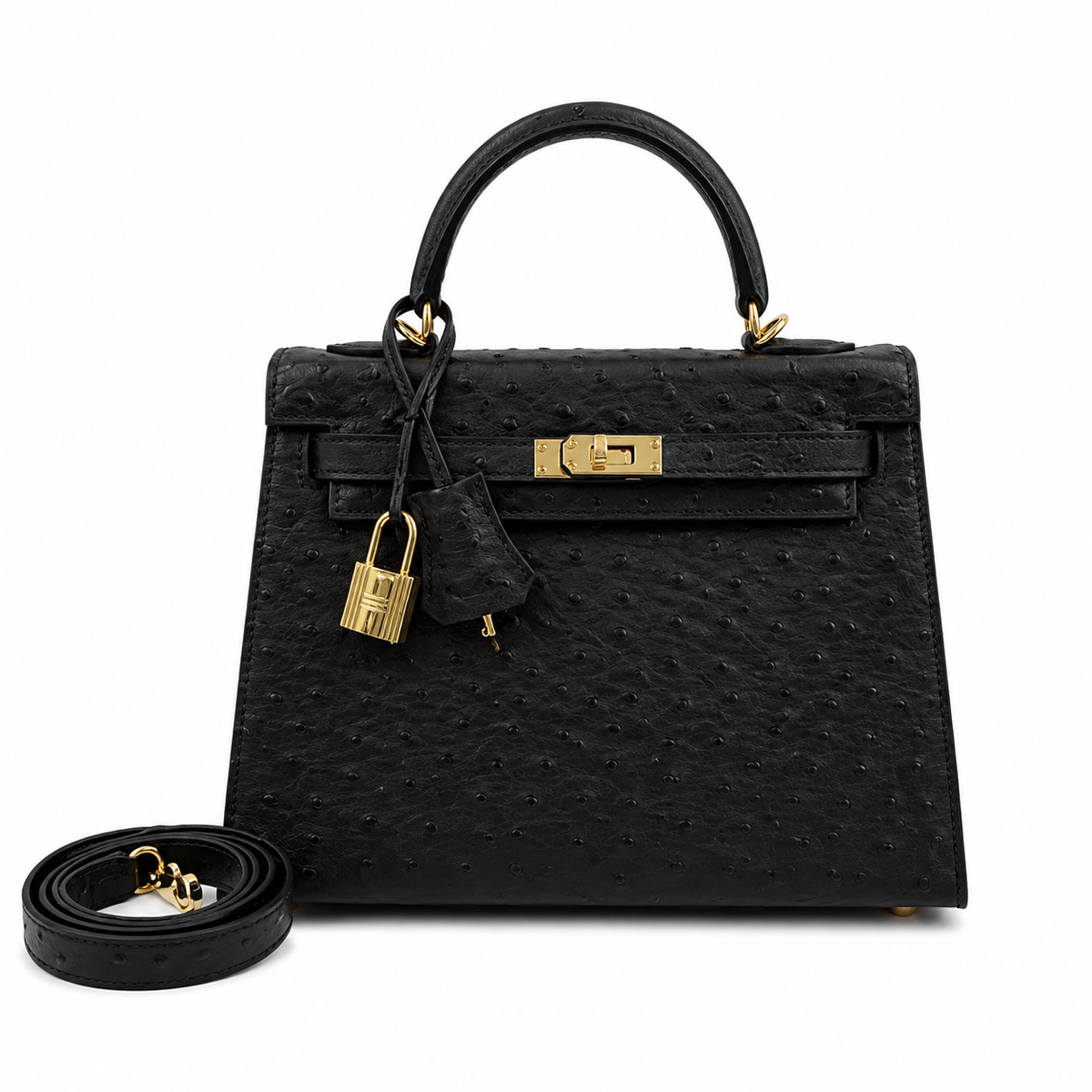 Kelly Sellier 25cm Noir Black Ostrich Gold Hardware Designer Shoulder Tote