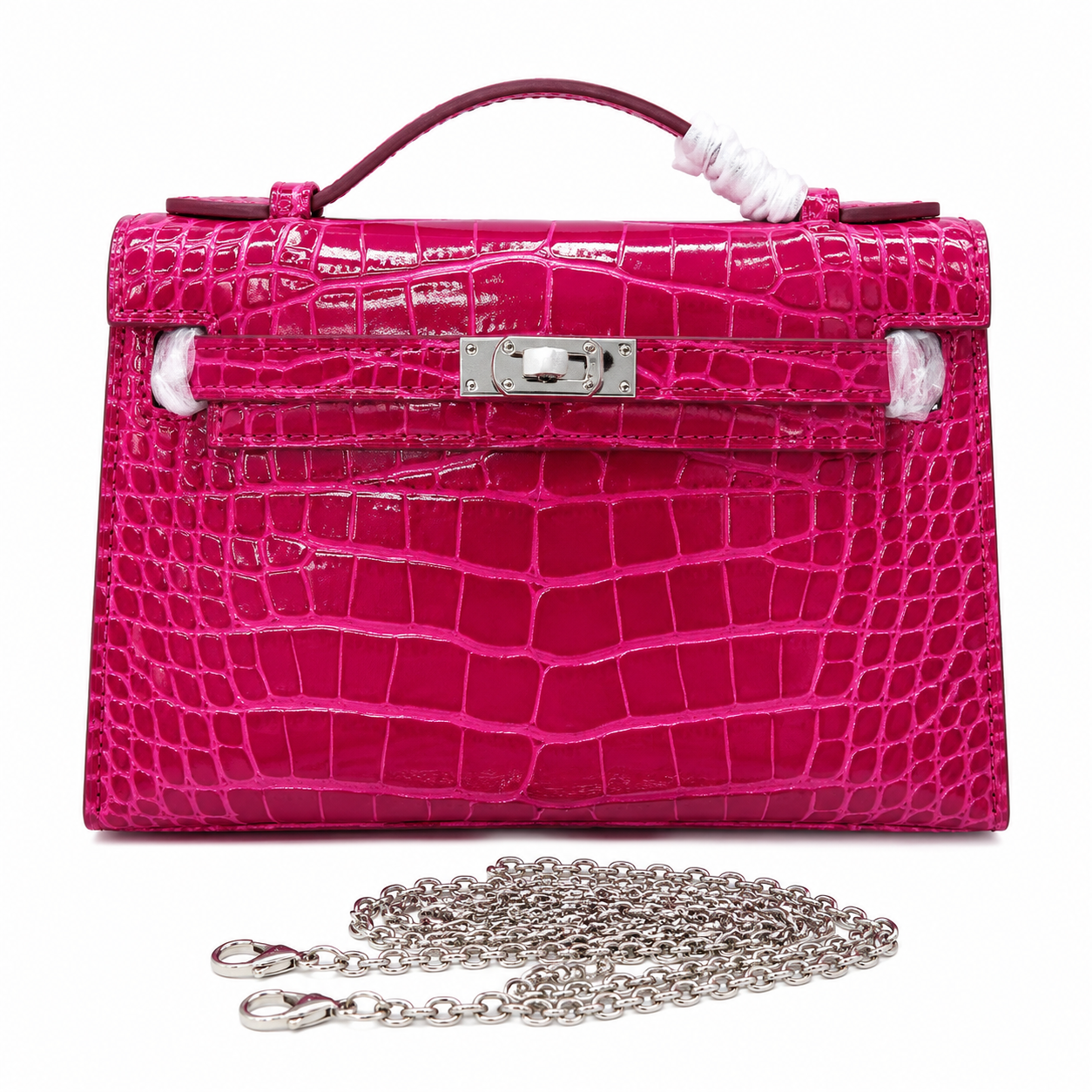 Kelly Pochette Fuchsia Shiny Niloticus Crocodile Leather Palladium Hardware Women Clutch Bag