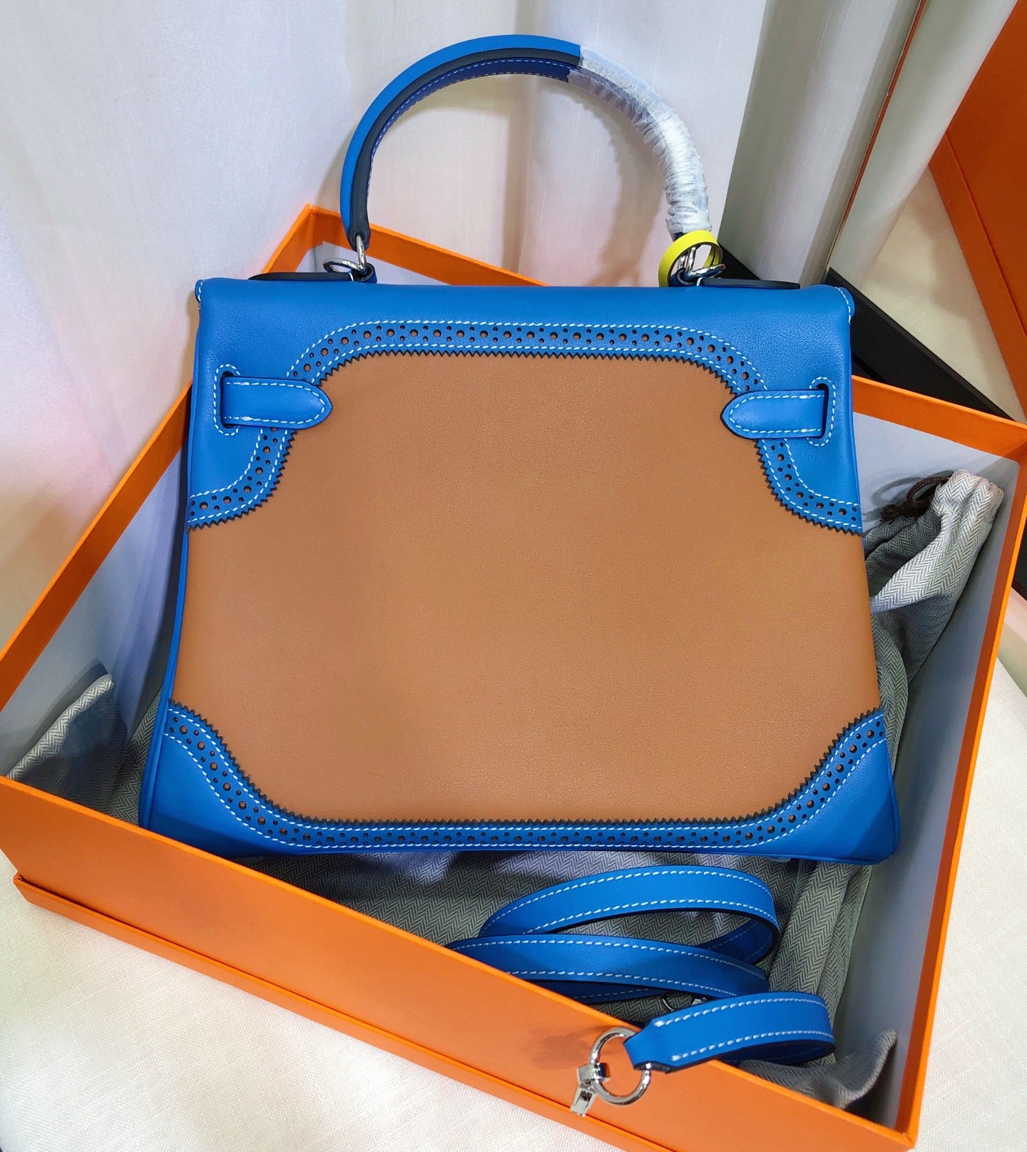 Kelly Sellier Ghillies 28cm Bleu Izmir & Natural Sable Barenia Leather Palladium Hardware Women Handbag