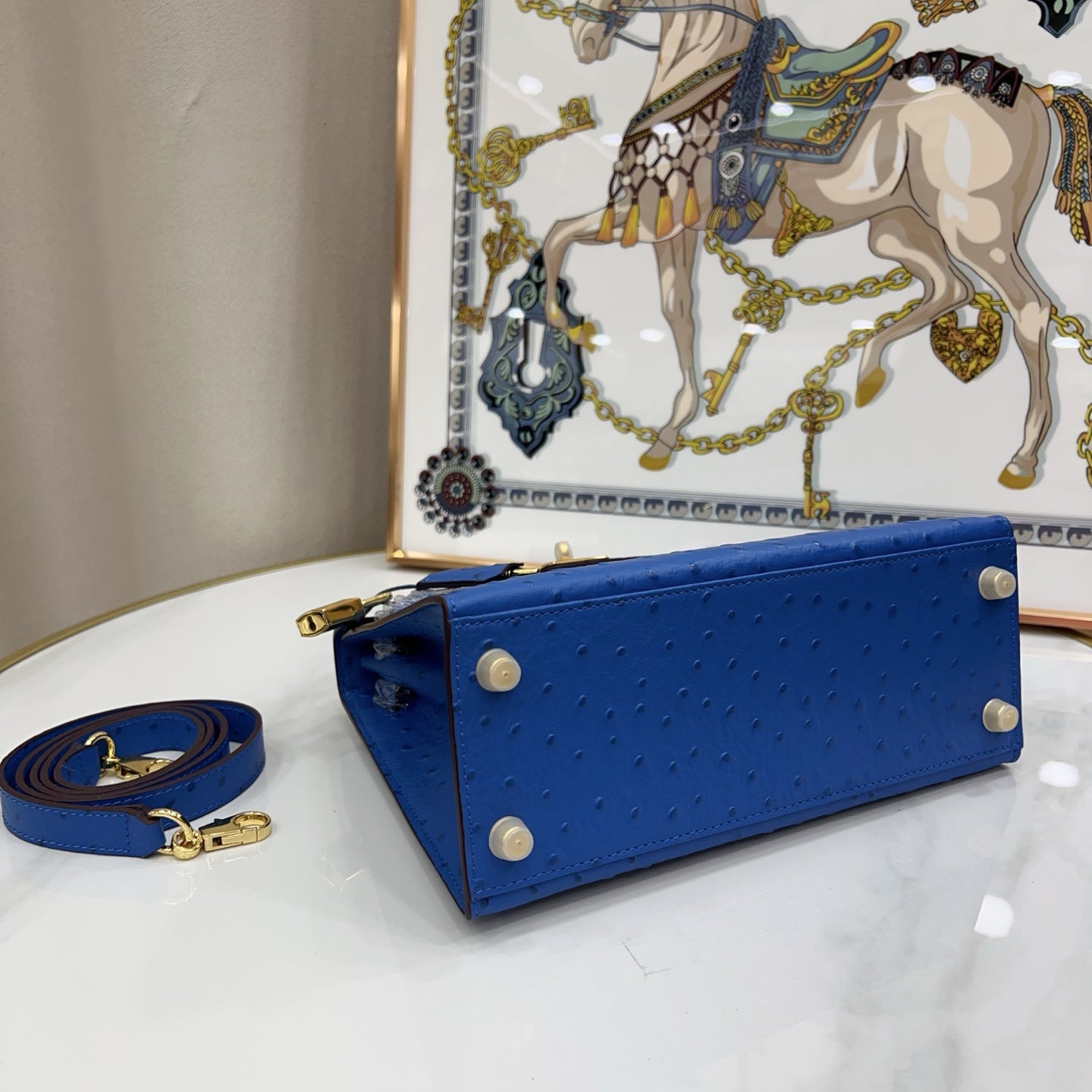 Kelly Sellier 25cm Bleu Electrique Ostrich Gold Hardware Premium Crossbody Purse