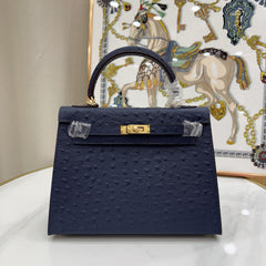 elly Sellier 25cm Bleu Nuit Ostrich Gold Hardware Luxury Commute Handbag