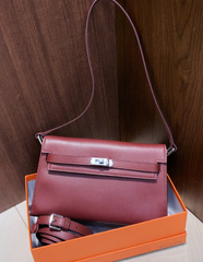 Kelly Elan 25 Underarm Baguette Bag, Genuine Top Layer Cowhide Goat Grain Leather, SilverHardware Vintage Wine Red Shoulder Handbag, Elegant Luxury Quiet Glam Daily Purse Size 25×6.5×15cm