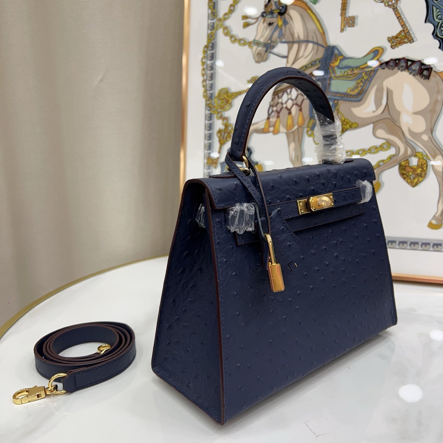elly Sellier 25cm Bleu Nuit Ostrich Gold Hardware Luxury Commute Handbag