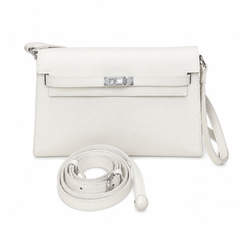 Kelly Elan 25 Underarm Baguette Bag, Genuine Top Layer Cowhide Goat Grain Leather, Silver Hardware Off White Shoulder Handbag, Youthful Elegant Goddess Daily Purse Size 25×6.5×15cm