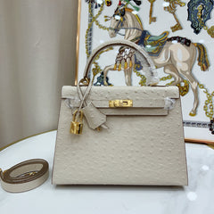 Kelly Sellier 25cm Craie Ostrich Gold Hardware Premium Women Shoulder Purse