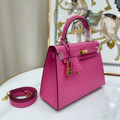 Kelly Sellier 25cm Rose Tyrien Ostrich Gold Hardware Designer Crossbody Tote