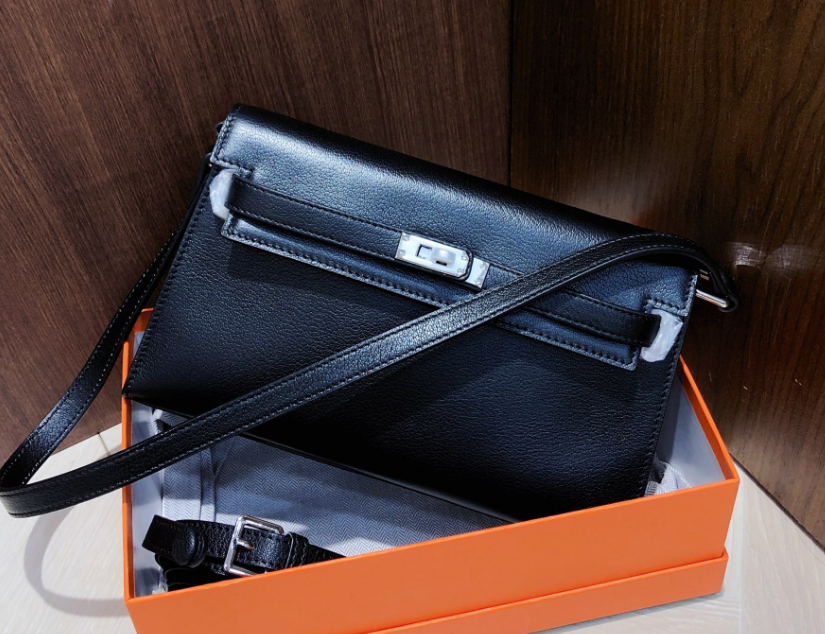 Kelly Elan 25 Underarm Baguette Bag, Genuine Top Layer Cowhide Goat Grain Leather, Silver Hardware Black Unisex Shoulder Purse, Multiway Crossbody Handheld Daily Bag, High Practical Daily Bag Size 25×6.5×15cm