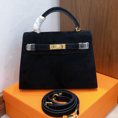 Kelly Sellier 22cm Noir Suede Leather Gold Hardware Women Mini Handbag