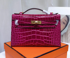 Kelly Pochette Fuchsia Shiny Niloticus Crocodile Leather Gold Hardware Women Clutch Bag