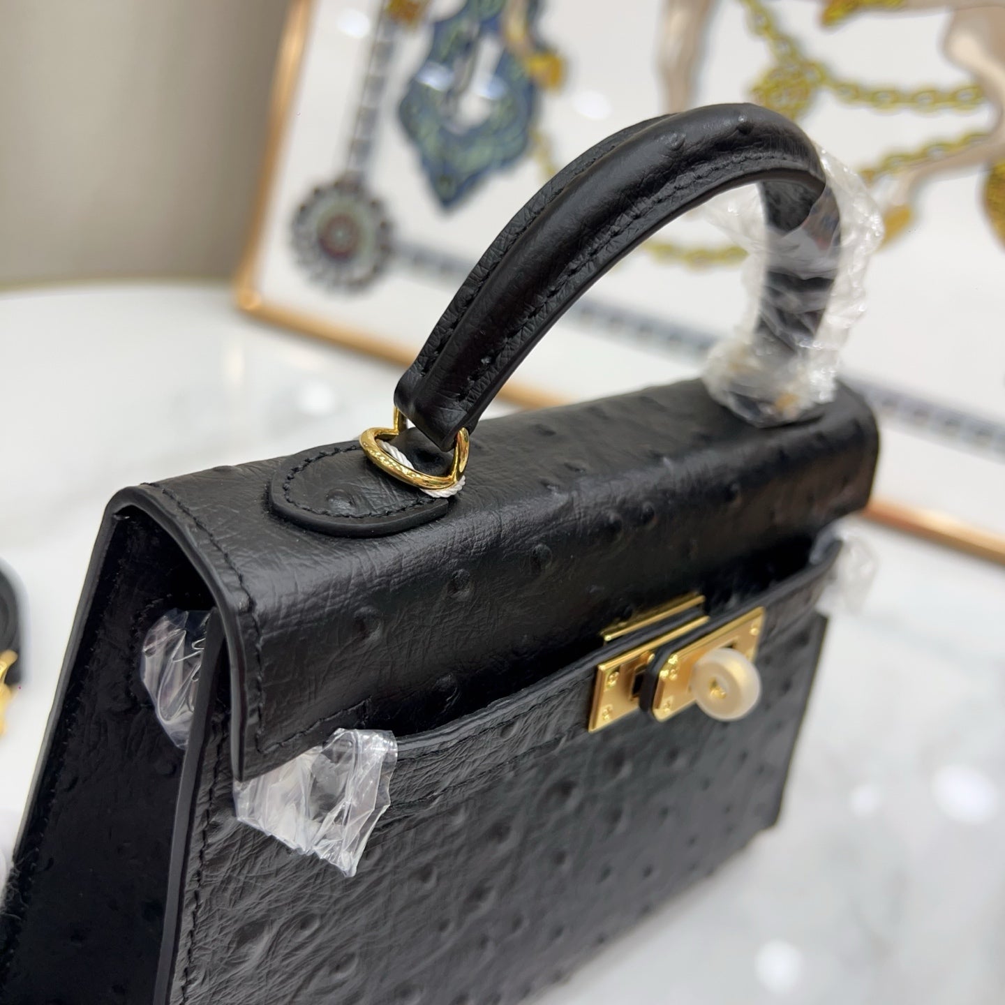 Mini Kelly Sellier 19cm Noir Ostrich Leather Gold Hardware Women Mini Handbag