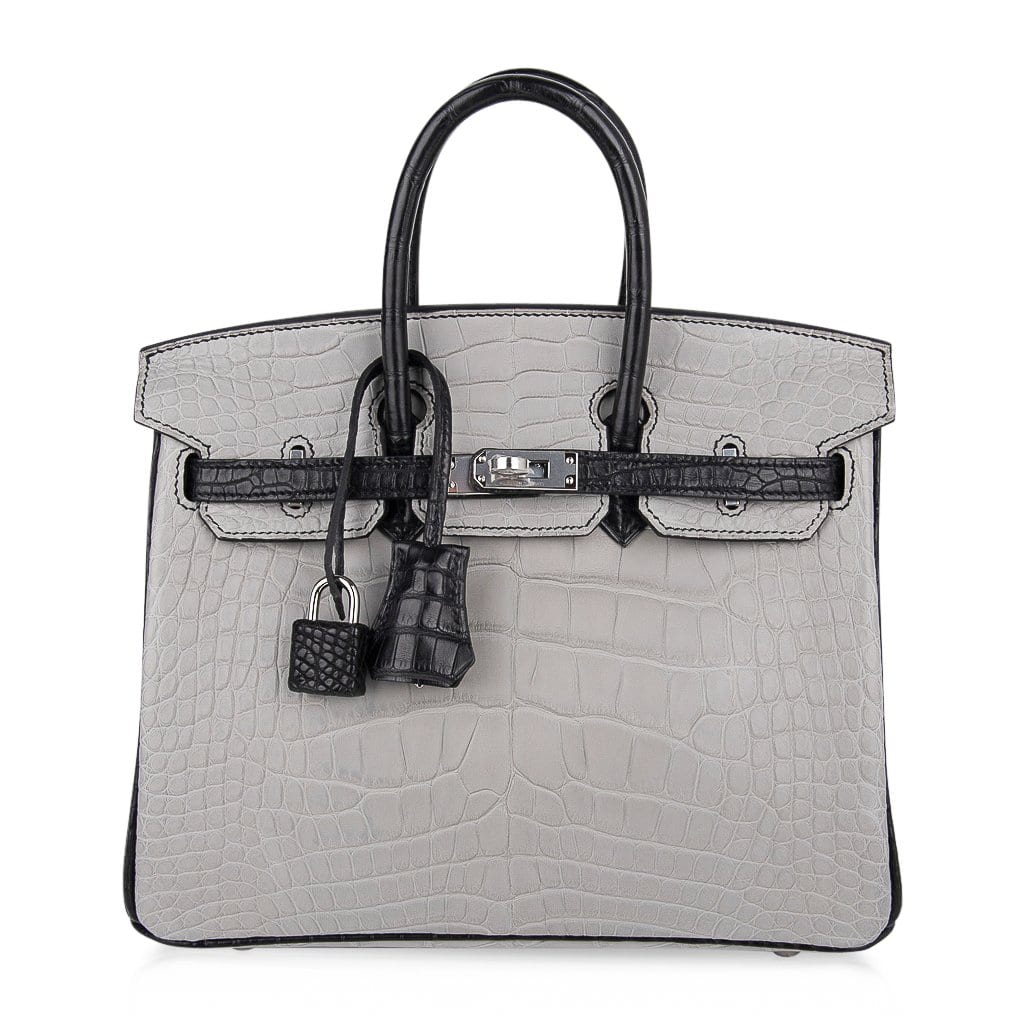 👜Birkin 25 HSS Bag Gris Perle / Black Matte Alligator Palladium Hardware