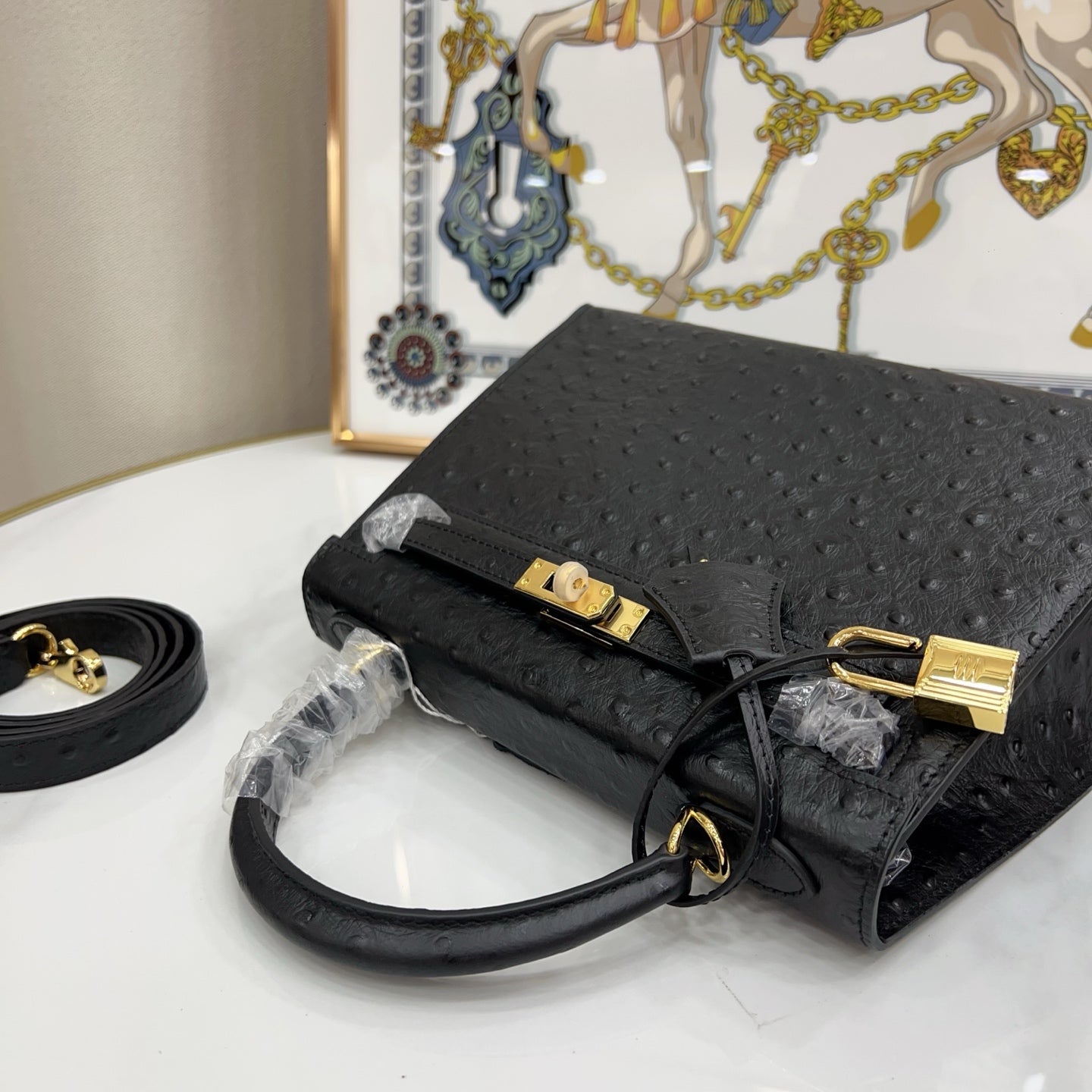 Kelly Sellier 25cm Noir Black Ostrich Gold Hardware Designer Shoulder Tote