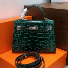 Kelly Sellier 22cm Vert Emeraude Shiny Crocodile Leather Gold Hardware & Palladium Hardware Women Handbag