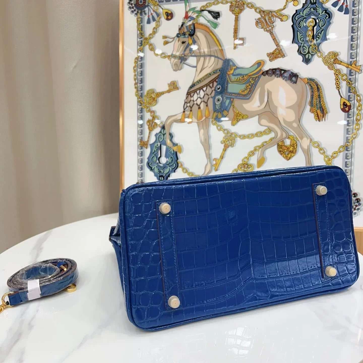 👜Birkin Blue Croc Embossement Leather Handbags Metal Lock Satchel Bag