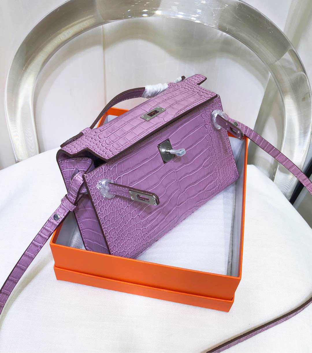 Kelly Pochette Lilac Shiny Niloticus Crocodile Leather Palladium Hardware Women Clutch Bag