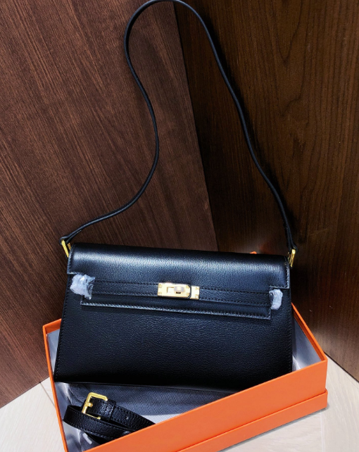 Kelly Elan 25 Underarm Baguette Bag, Genuine Top Layer Cowhide with Glossy Goat Grain, Gold Hardware Black Shoulder Handbag, Spacious Capacity Casual Versatile Daily Purse Size 25×6.5×15cm