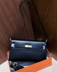 Kelly Elan 25 Underarm Baguette Bag, Genuine Top Layer Cowhide with Glossy Goat Grain, Gold Hardware Black Shoulder Handbag, Spacious Capacity Casual Versatile Daily Purse Size 25×6.5×15cm