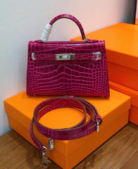 Kelly Sellier 19cm Fuchsia Shiny Crocodile Leather Gold Hardware & Palladium Hardware Women Handbag