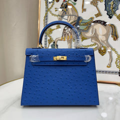 Kelly Sellier 25cm Bleu Electrique Ostrich Gold Hardware Premium Crossbody Purse